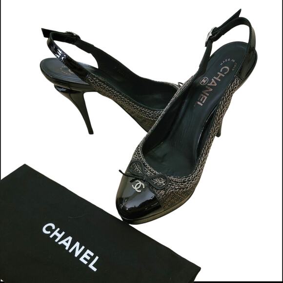 Chanel Vintage Platform Slingback Cap Toe Heels Logo CC Bow Leather 7 37.5 G2677 - Picture 1 of 14